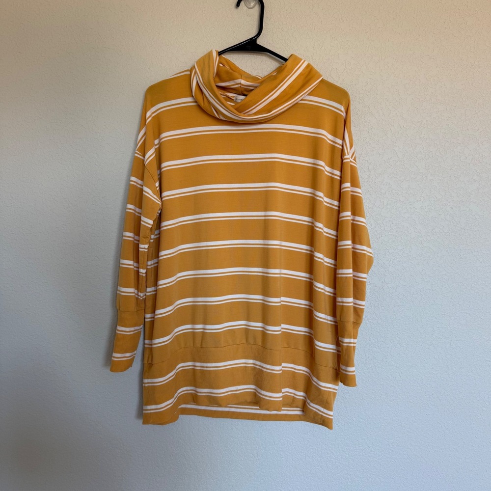 Garnet Hill Mustard Yellow Striped Cowl Neck Tunic Top Tencel Blend Womens Small